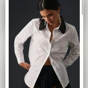 Lily White Laser Cut Flower Shirt w/ Black Collar | Feminine & Modern (Size XS)